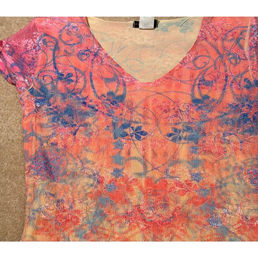 Y2K Cocomo Mesh Top Short Sleeve Butterfly Floral Print V-Neck Size S - Picture 4 of 7